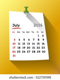 Flat design Calendar for july 2016 sticky note attached with green pin. Sundays first. Vector illustration