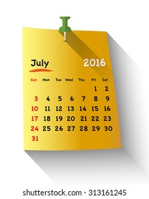 Flat design Calendar for july 2016 sticky note attached with green pin. Sundays first. Vector illustration