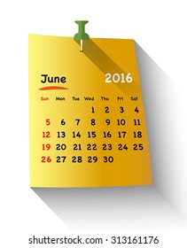 Flat design Calendar for june 2016 on orange sticky note attached with red pin. Sundays first. Vector illustration