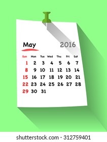 Flat design calendar for may 2016 on sticky note attached with green pin. Sundays first. Vector illustration
