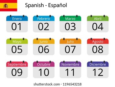 Flat design of calendar months icon set on Spanish with number month. Color vector illustration.