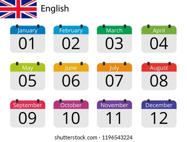 Flat design of calendar months icon set on English with number month. Color vector illustration.