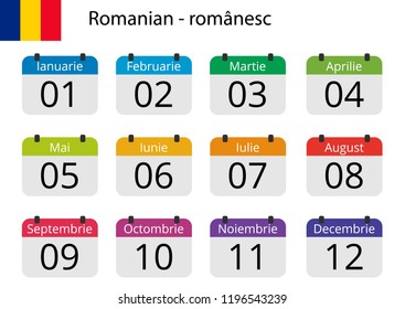 Flat design of calendar months icon set on Romanian with number month. Color vector illustration.