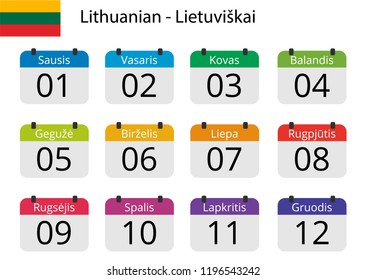 Flat design of calendar months icon set on Lithuanian with number month. Color vector illustration.