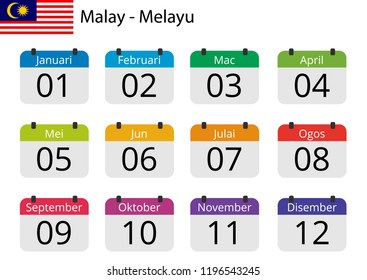 Flat design of calendar months icon set on Malay with number month. Color vector illustration.