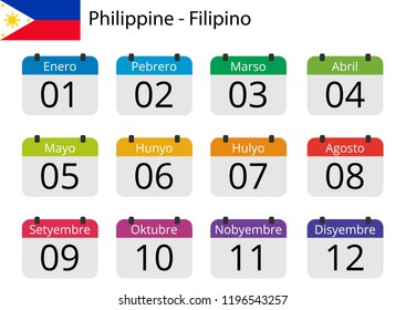 Flat design of calendar months icon set on Philippine with number month. Color vector illustration.