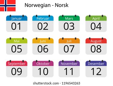 Flat design of calendar months icon set on Norwegian with number month. Color vector illustration.