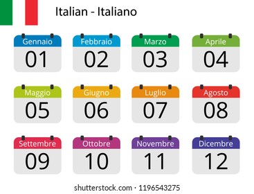 Flat design of calendar months icon set on Italian with number month. Color vector illustration.