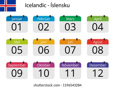 Flat design of calendar months icon set on Icelandic with number month. Color vector illustration.