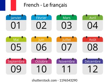 Flat design of calendar months icon set on French with number month. Color vector illustration.