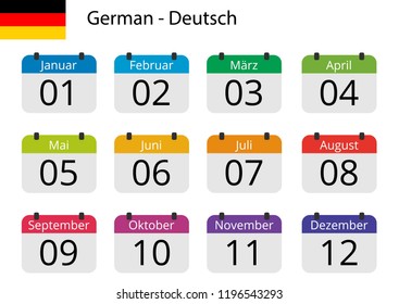 Flat design of calendar months icon set on German with number month. Color vector illustration.