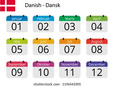 Flat design of calendar months icon set on Danish with number month. Color vector illustration.