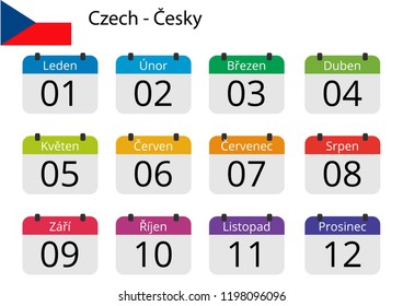 Flat design of calendar months icon set on Czech with number month. Color vector illustration.