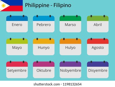 Flat design of calendar months icon set on Philippine. Color vector illustration.