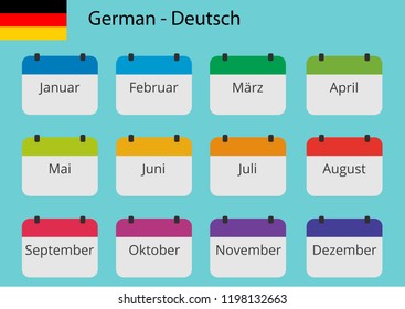 Flat design of calendar months icon set on German. Color vector illustration.