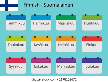 Flat design of calendar months icon set on Finnish. Color vector illustration.