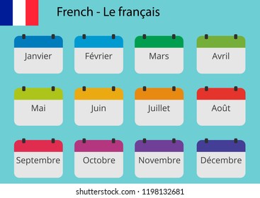 Flat design of calendar months icon set on French. Color vector illustration.