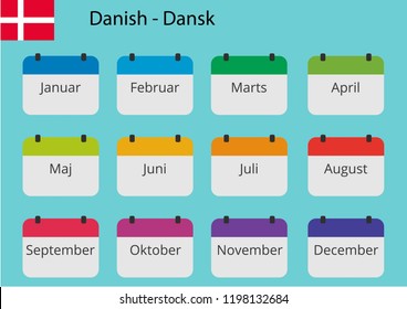Flat design of calendar months icon set on Danish. Color vector illustration.