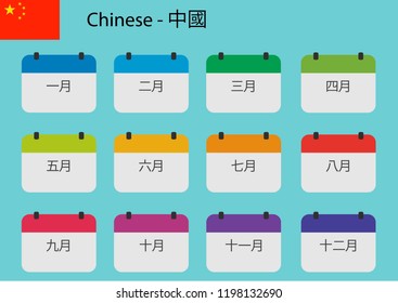 Flat design of calendar months icon set on Chinese. Color vector illustration.