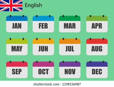 Flat design of calendar months icon set on English with number month. Color vector illustration.