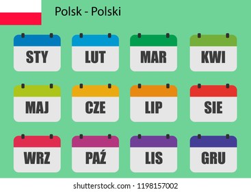 Flat design of calendar months icon set on Polsk with number month. Color vector illustration.