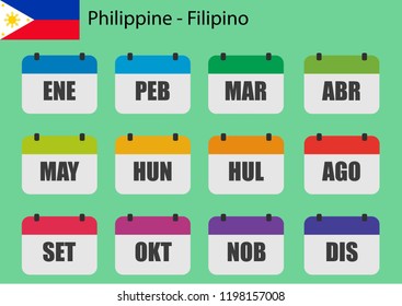 Flat design of calendar months icon set on Philippine with number month. Color vector illustration.