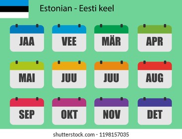 Flat design of calendar months icon set on Estonian with number month. Color vector illustration.