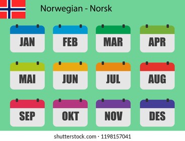 Flat design of calendar months icon set on Norwegian with number month. Color vector illustration.