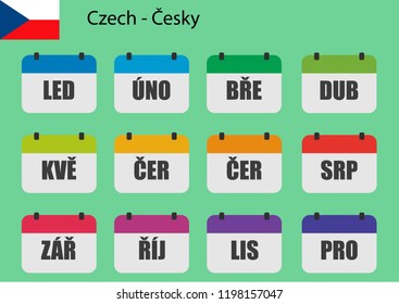 Flat design of calendar months icon set on Czech with number month. Color vector illustration.