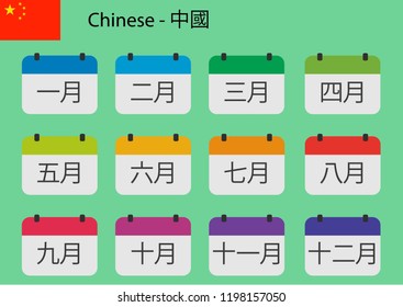 Flat design of calendar months icon set on Chinese with number month. Color vector illustration.