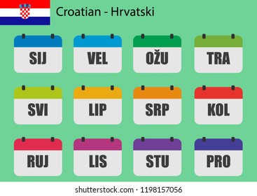 Flat design of calendar months icon set on Croatian with number month. Color vector illustration.