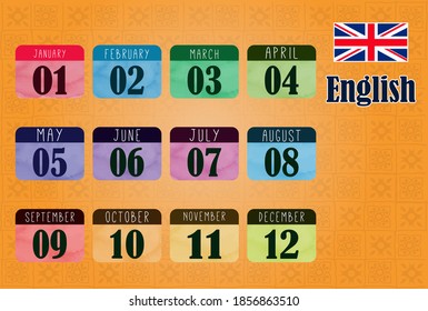 Flat design of calendar months icon set on English with number month. Color Vector illustration
