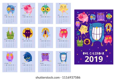 Flat design calendar template with funny owls expressing different emotions isolated vector illustration