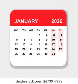 Flache Design-Kalendervorlage für Januar 2026 mit modernem Minimalstil. Einfacher Monatskalender in roten und grauen Farben, nützlich für Planung, Geschäft, Schule und persönliche Organisation.