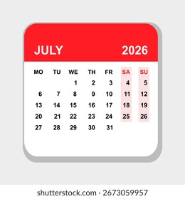 Flache Design-Kalendervorlage für Juli 2026 mit modernem Minimalstil. Einfacher Monatskalender in roten und grauen Farben, nützlich für Planung, Geschäft, Schule und persönliche Organisation.