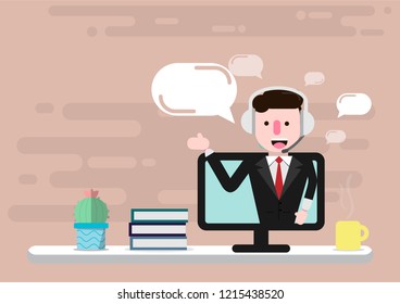 flat design call center man and outside working office