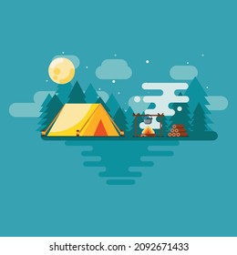 Flat design camping area landscape with tents at night