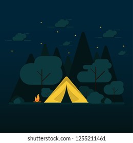 flat design camping in the forest at night with vector