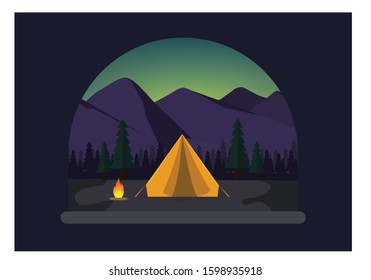 Flat design camping tent with mountain landscape at night. Vector illustration