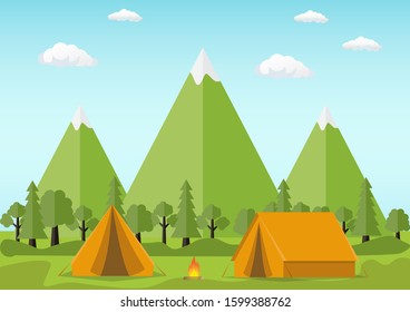Flat design camping tent with mountain landscape at day. Vector illustration