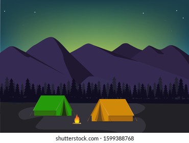 Flat design camping tent with mountain landscape at night. Vector illustration