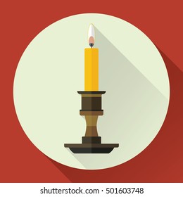 Flat design candle in candlestick icon with long shadows. Vector flat candle icon on red Circle. Halloween, holy, christmas, and romantic symbol.