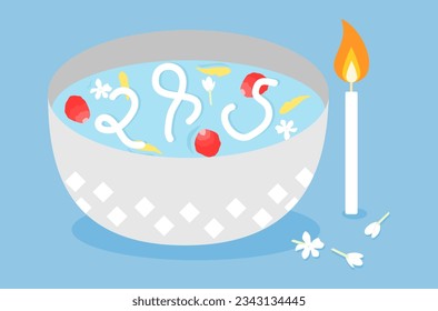 Flat design of candle and candle tear in water bowl. Candle tear number two, number eight and number five in water bowl vector.