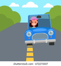 Flat Design Car Driving Characters. Car Sharing. Flat Tire Change. Vector Illustration