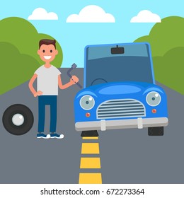 Flat Design Car Driving Characters. Car sharing. flat tire change. Vector illustration