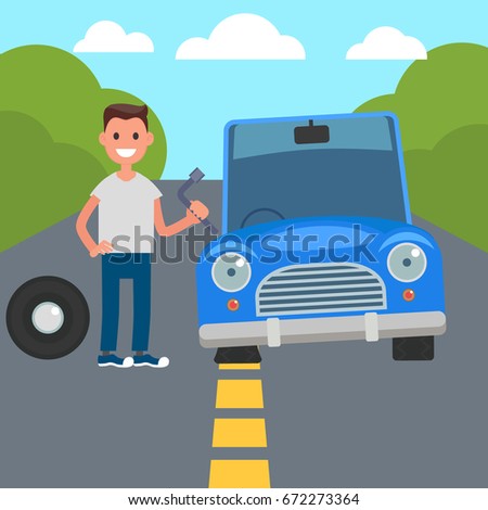Flat Design Car Driving Characters. Car sharing. flat tire change. Vector illustration