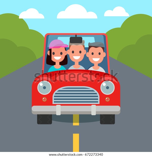 Flat Design Car Driving Characters. Car\
sharing. Vector\
Illustration