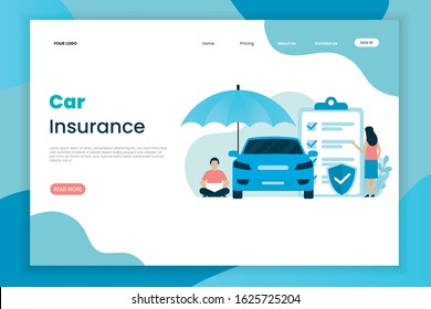 Flat design car insurance landing page template. The car above has an umbrella. Landing page template