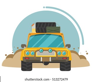  Flat design of car in motion on a safari trip.