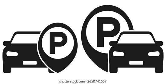 Flaches Design Auto und Parkplatz Pin Symbole für GPS, App UI, und Automobil-Dienstleistungen visuelle. Symbol für Parkplatz. Auto Parkplatz Vektor. GPS-Pin mit Auto. Design der Parkapp. Fahrzeugortungsmarkierung.